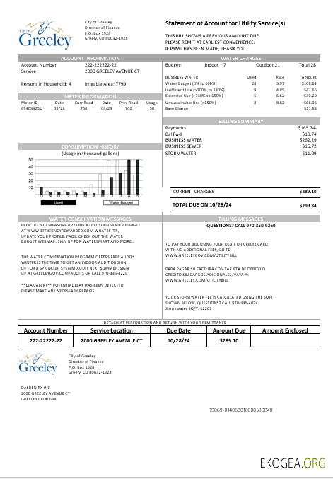 Modèle de facture de services publics de l'eau de la ville de Greeley, Colorado, États Unis, aux formats Word et PDF